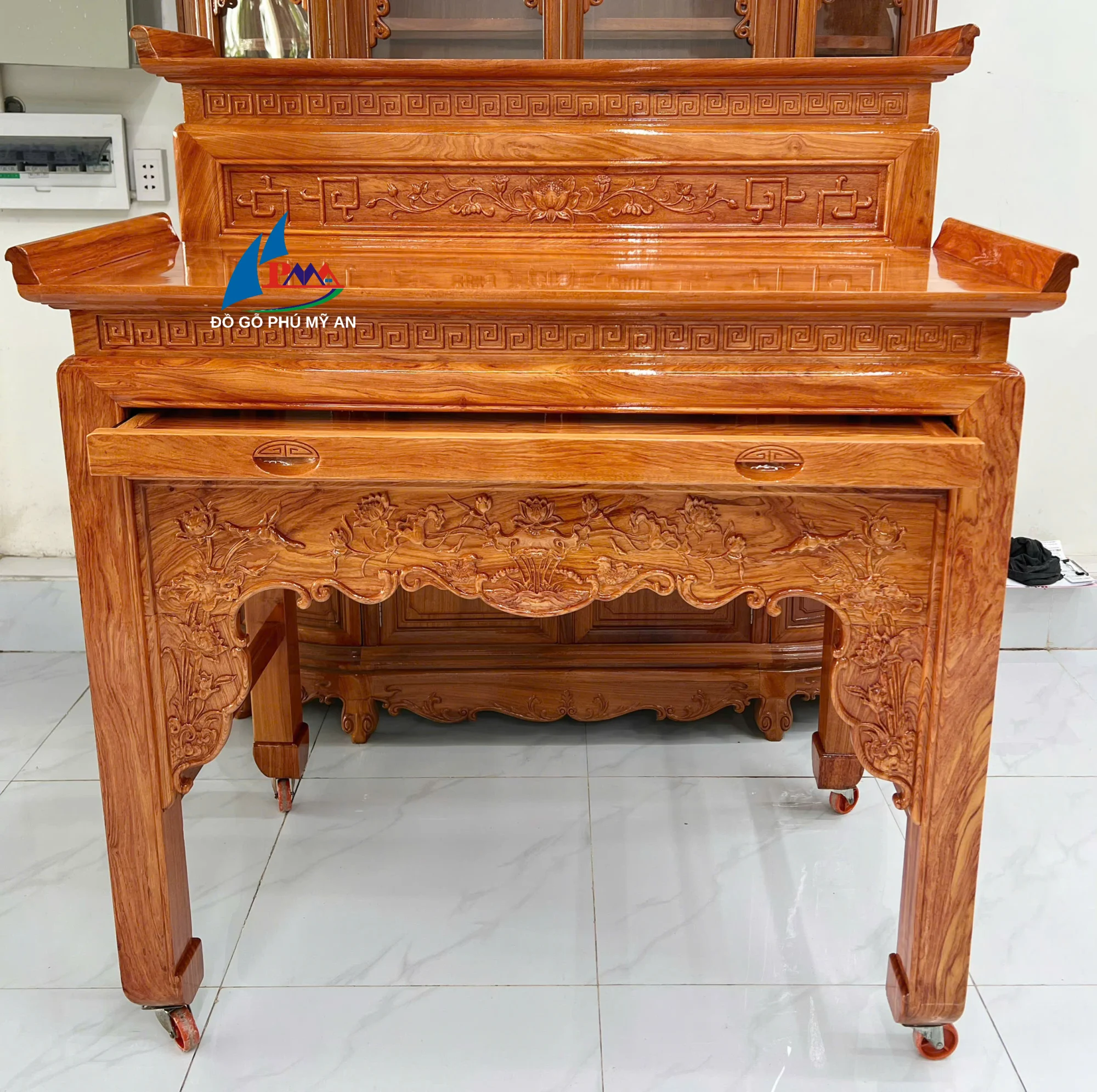 Án gian gỗ hương đá sen cò tầng 1m27
