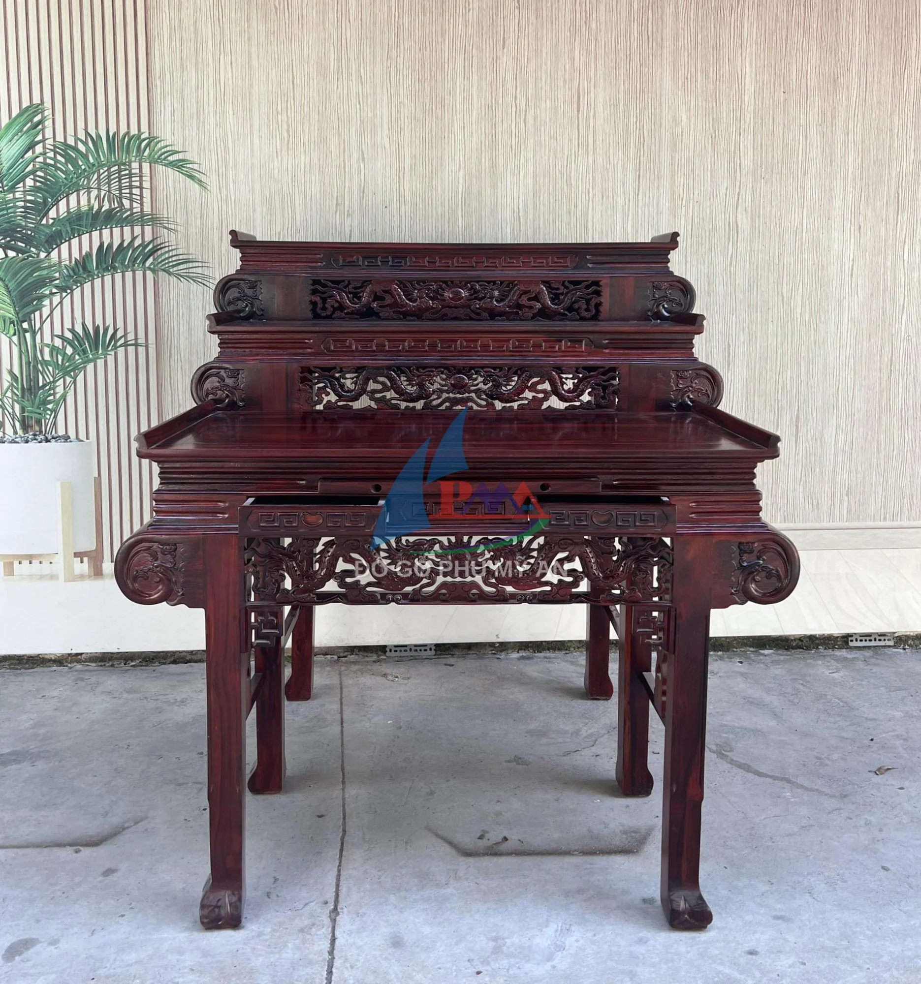 Bàn cúng gỗ muồng 3 tầng tay cuốn 1m53