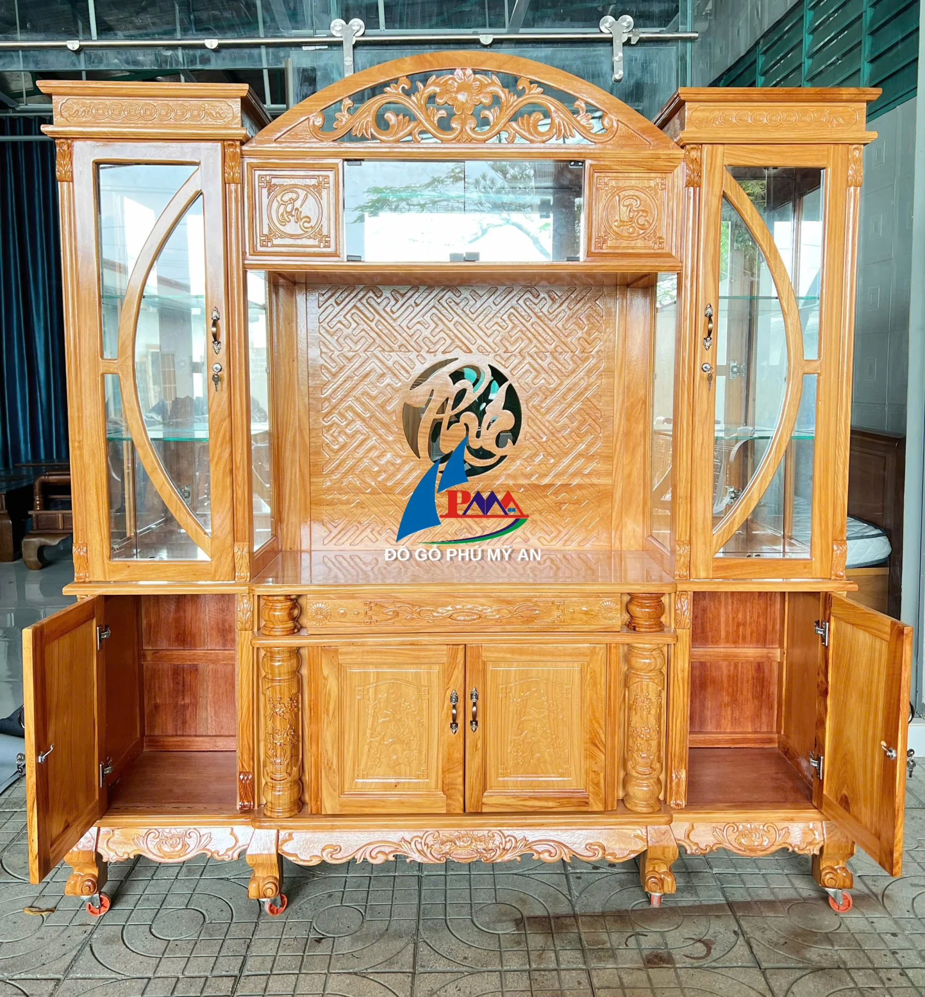 Alternative view of Kệ dàn gỗ gõ có chữ phúc 2m hậu bằng lăng