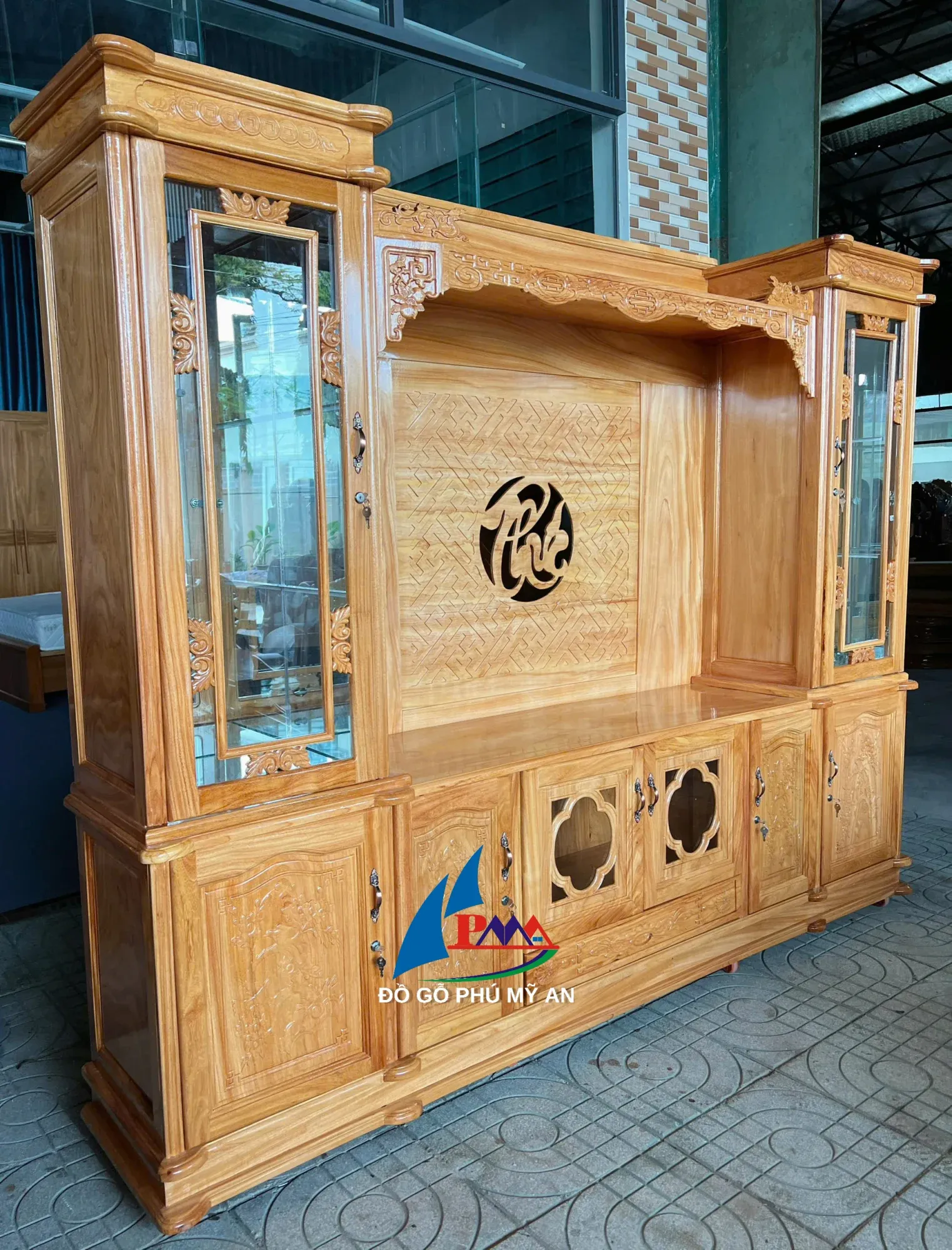 Kệ dàn gỗ gõ có chữ phúc 2m6 hậu gõ