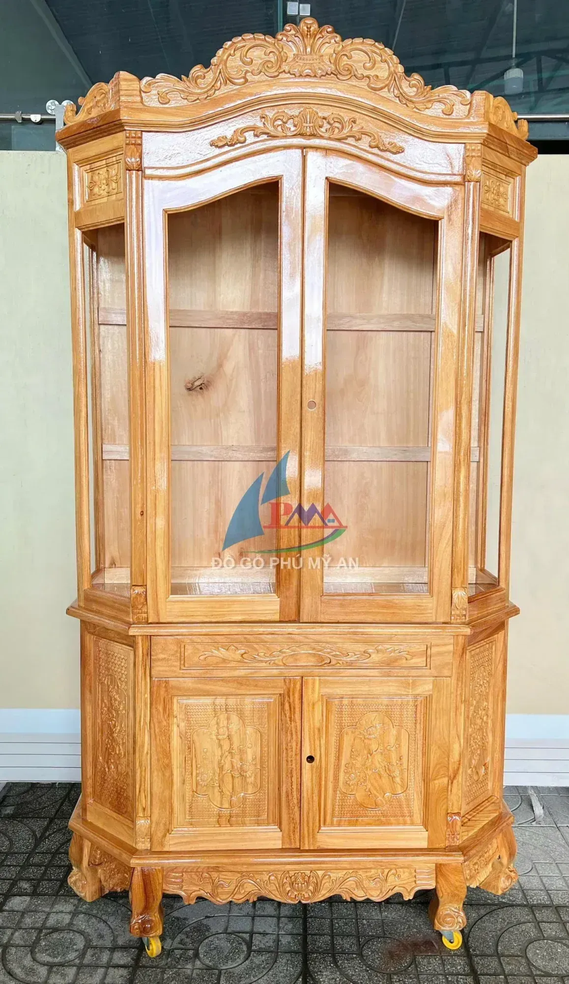Tủ rượu gỗ gõ lục giác chân quỳ 1m2