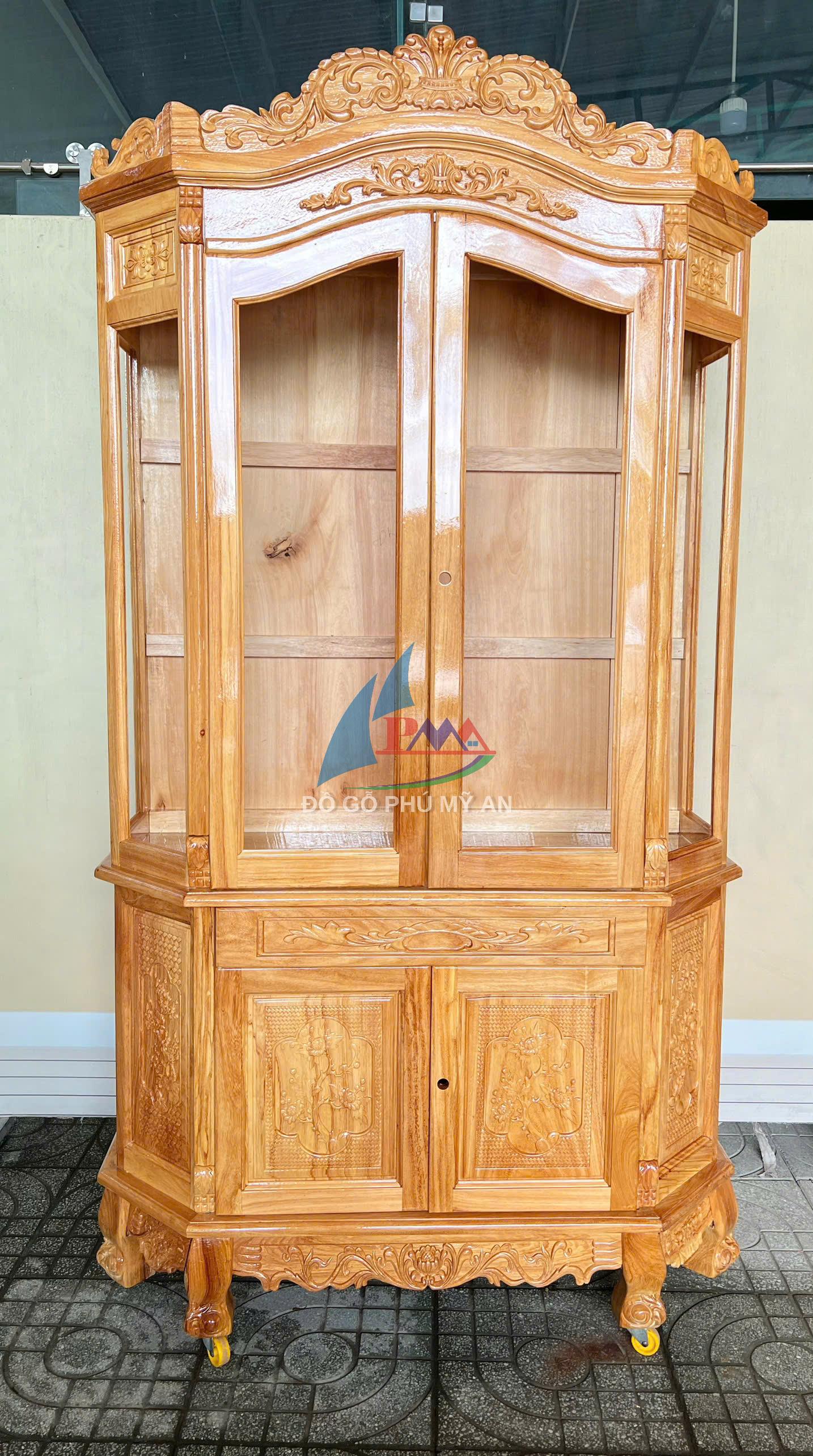 Tủ rượu gỗ gõ lục giác chân quỳ 1m2