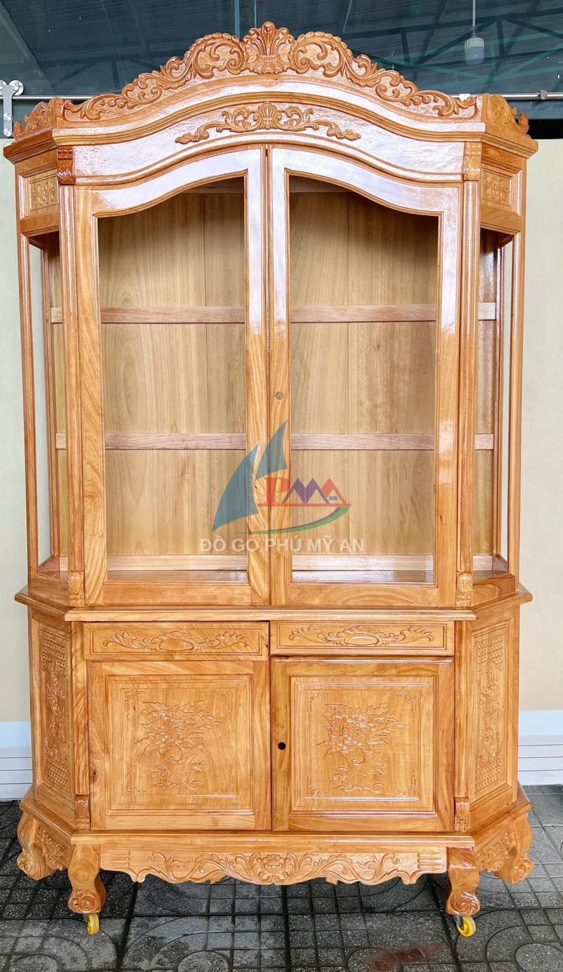 Tủ rượu gỗ gõ lục giác chân quỳ 1m4