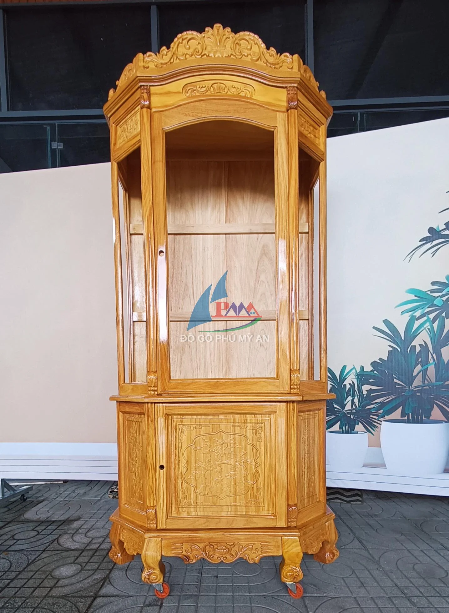 Tủ rượu gỗ gõ lục giác chân quỳ 1m