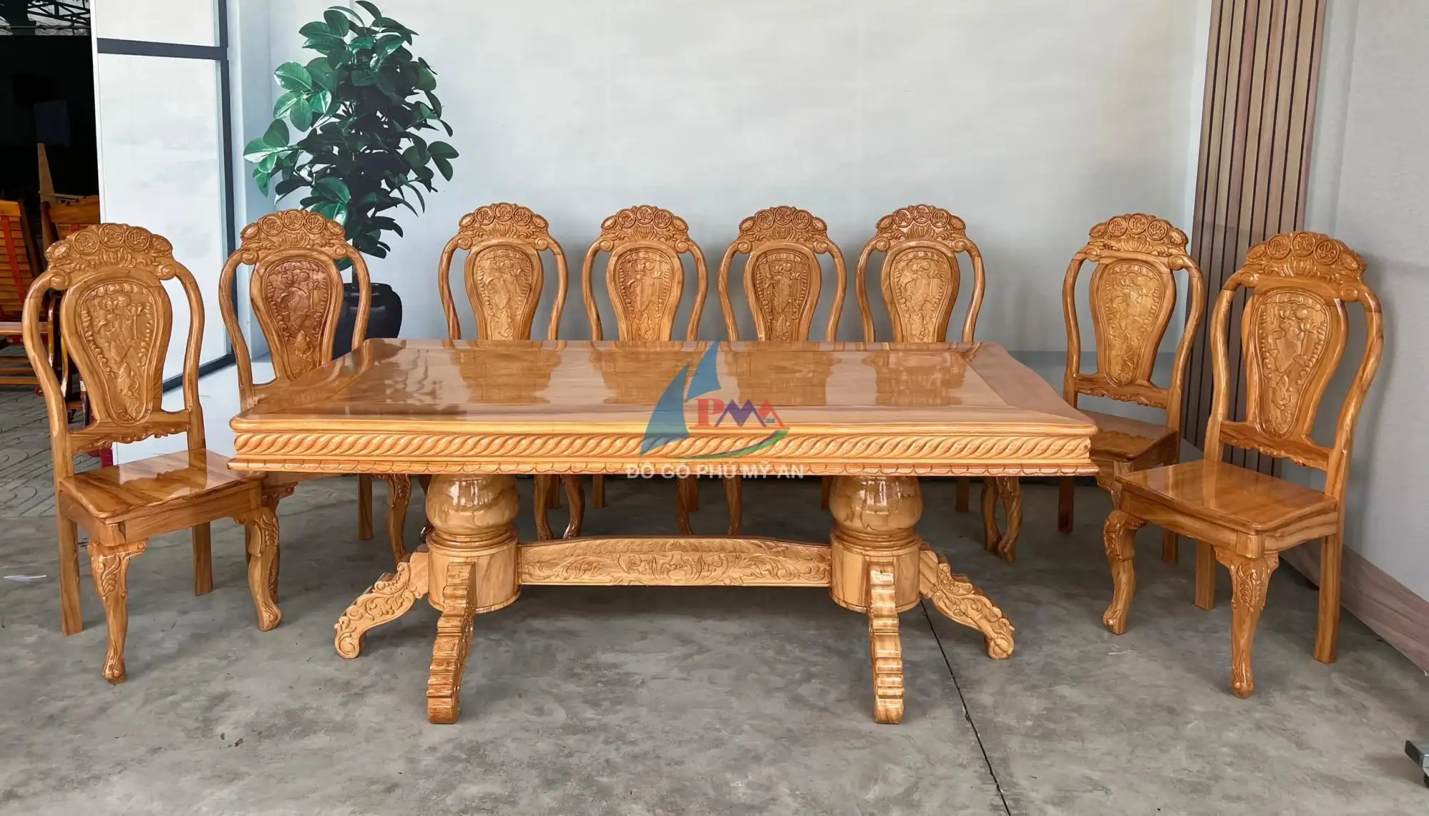 Bàn ăn gõ vuông 8 ghế