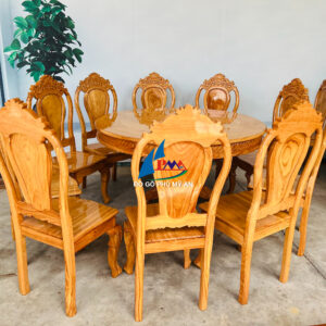 Bàn ăn gõ tròn 8 ghế tựa trơn