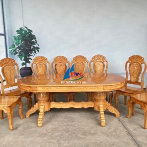 Bàn ăn gõ oval 8 ghế