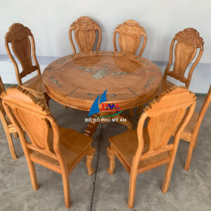 Bàn ăn gõ tròn 8 ghế cẩn